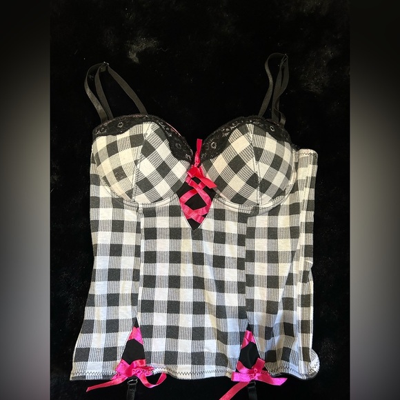 Intimates Black & White Checkered Corset with Pink Ribbon Details - Size 36B - Picture 4 of 9